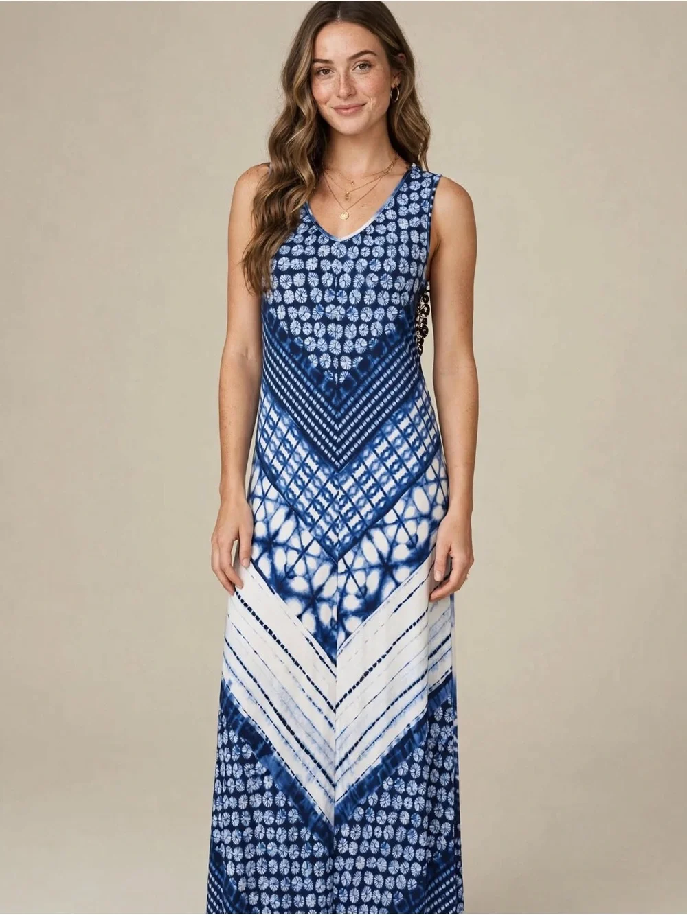 Women’s Blue Tie-Dye V-Neck Maxi Swim Coverup Dress